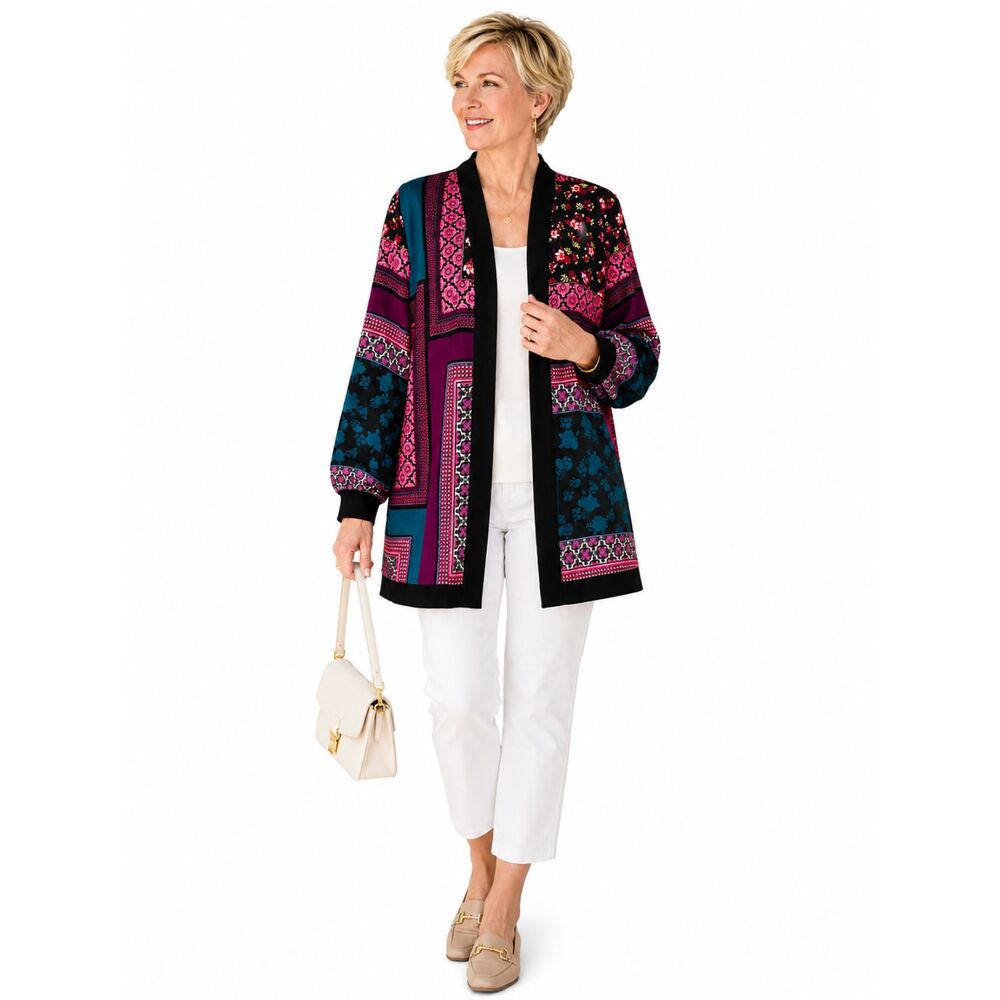 Chico's 2 L 12 14 Jewel Tone Patchwork Print Long Open Front Duster Jacket